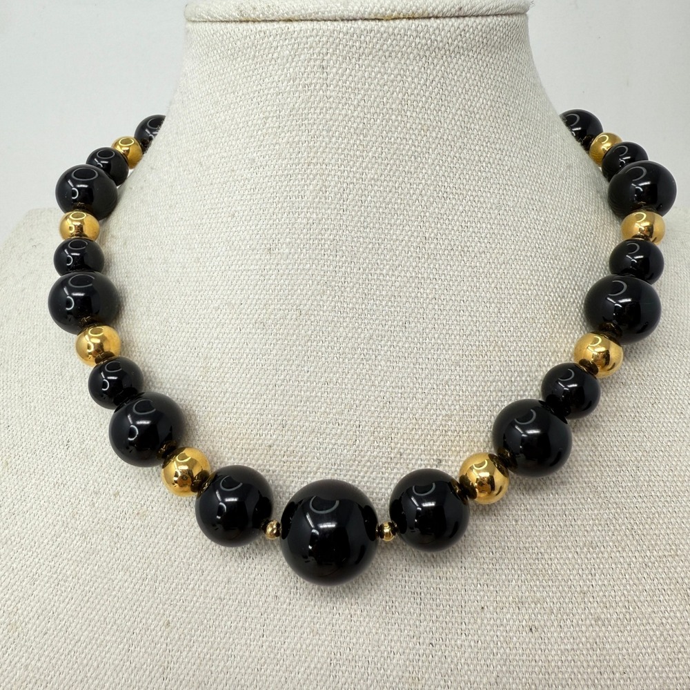 Monet Chunky Black Beaded Necklace Gold Tone Accent Statement Signed